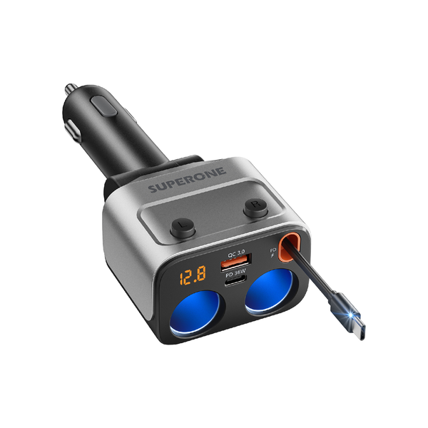 180W Car Charger & Expander with Retractable Cable