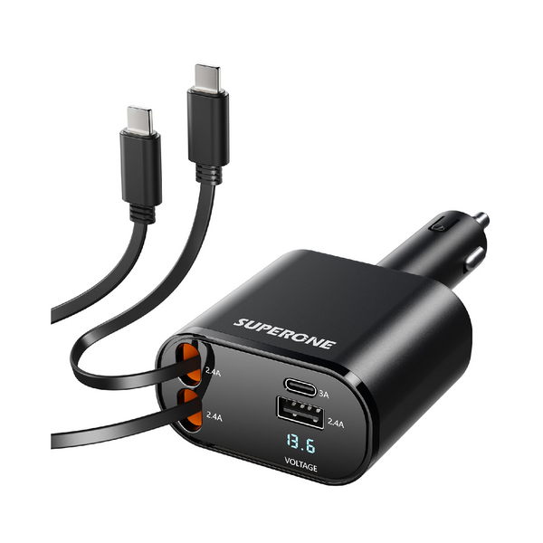 60W Retractable Car Charger with Dual USB-C
